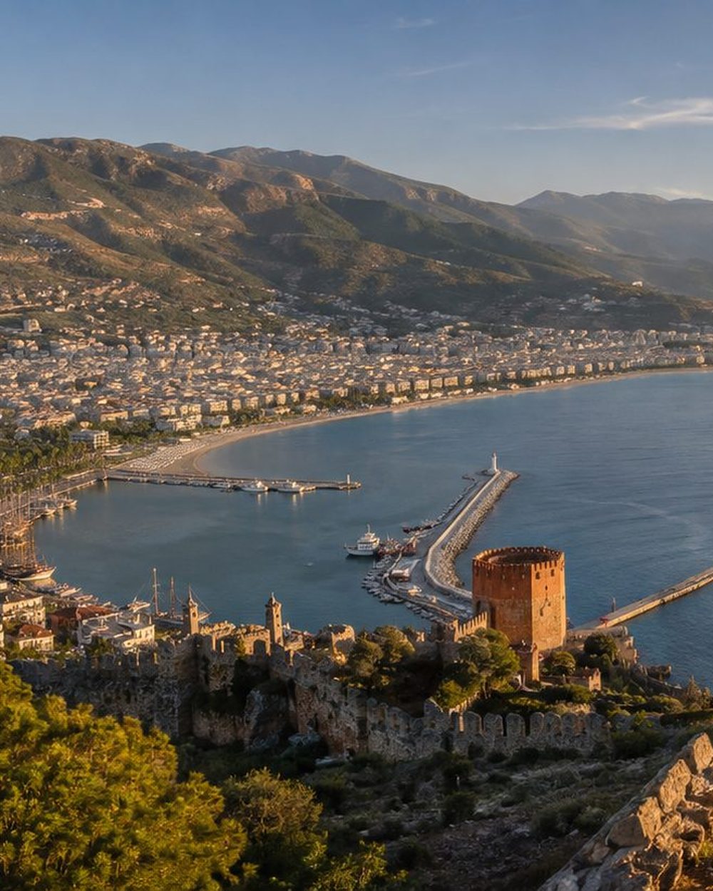 Alanya: middelhavsbyen med strandpromenade, marina og fjellene i bakgrunnen.